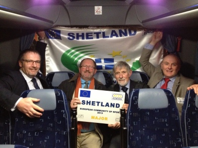 Happy Shetlanders after prestentation of the prestigous prize. l-r Gary Robinson, Shetland Islands Council Political Leader, Allan White, Architect who designed all the Centres, Joe Irvine, Chairman Shetland Recreational Trust and James Johnston, General Manager Shetland Recreational Trust and Vice Chairman of the International Island Games Association